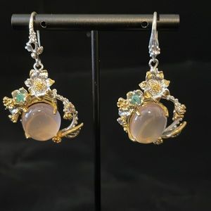 Silver and rose quarts earrings, emerald and gold accents large dangle